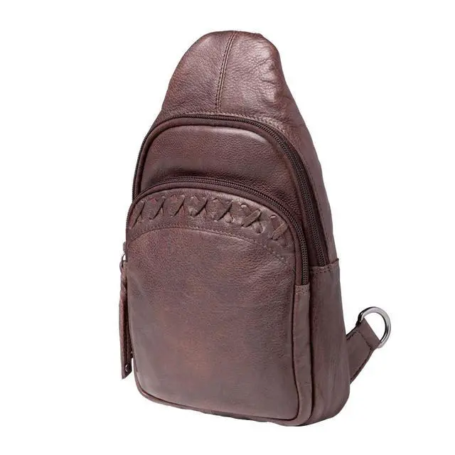 Alt view image 2 of 5 - Concealed Carry Leather Unisex Tactical Taylor Sling Backpack with Locking Zippers and Universal Gun Holster (Dark Brown)