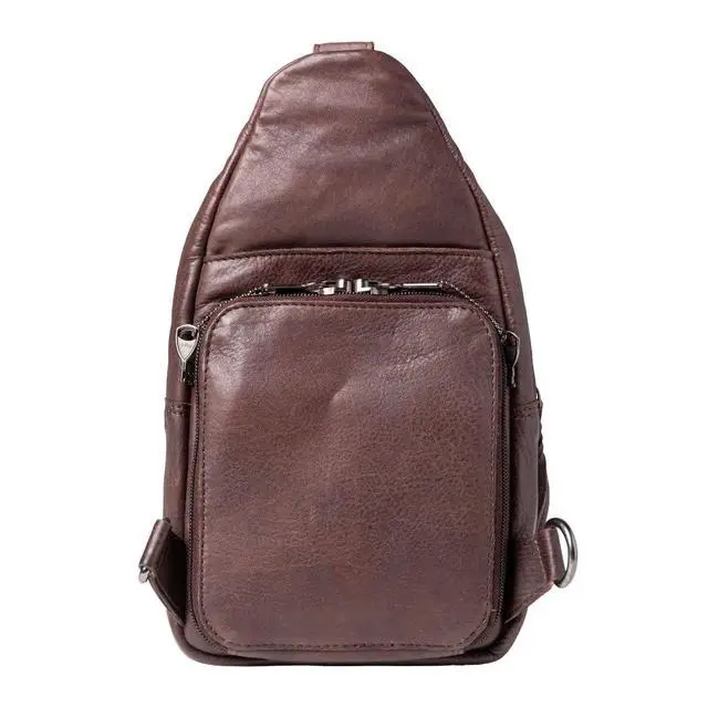 Alt view image 3 of 5 - Concealed Carry Leather Unisex Tactical Taylor Sling Backpack with Locking Zippers and Universal Gun Holster (Dark Brown)