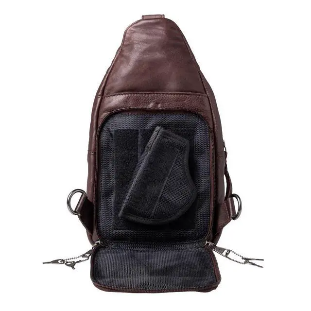Alt view image 4 of 5 - Concealed Carry Leather Unisex Tactical Taylor Sling Backpack with Locking Zippers and Universal Gun Holster (Dark Brown)