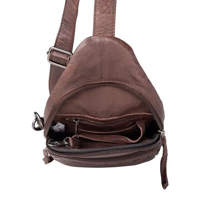 Alt view image 5 of 5 - Concealed Carry Leather Unisex Tactical Taylor Sling Backpack with Locking Zippers and Universal Gun Holster (Dark Brown)