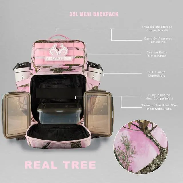 Alt view image 2 of 7 - 35L Meal Prep Management Backpack (Realtree APX Flushing Pink) | Easily Store & Organize Food Storage Containers w/Built-In Lunch Box, Cooler, Travel, Insulated Bag