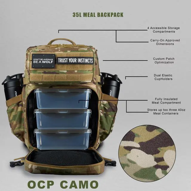 Alt view image 2 of 7 - 35L Meal Prep Management Backpack (OCP Camo) | Easily Store & Organize Food Storage Containers w/Built-in Lunch Box, Cooler, Travel, Insulated Bag