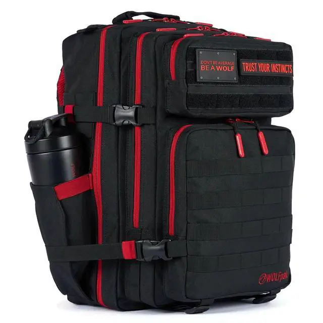 Alt view image 5 of 7 - 45L Athletic Gym Backpack (Red Wolf) Durable 1000D Waterproof Oxford Material with MOLLE Webbing, Laptop Pocket & Dual Cup Holders, Durable Fitness/Travel/Military Daypack
