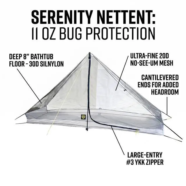 Alt view image 2 of 4 - Serenity NetTent - 11 oz Ultralight 1 Person Net Tent Solo Shelter - No-See-Um Mesh Backpacking Tent with Bathtub Floor - Modular Bug Protection for Gatewood Cape and Deschutes Tarp