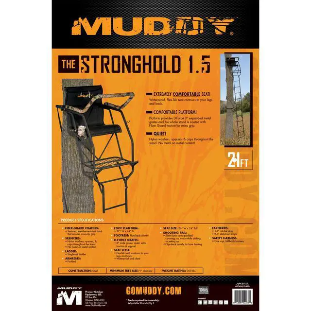 Alt view image 2 of 7 - The Stronghold 1.5 Deer Hunting Ladderstand, 21 Foot 1 Person Climbing Tree Stand with Lumbar Seat and Expanded D-Force Metal Platform