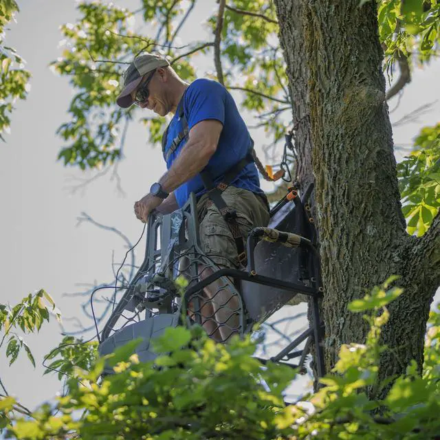 Alt view image 4 of 7 - The Stronghold 1.5 Deer Hunting Ladderstand, 21 Foot 1 Person Climbing Tree Stand with Lumbar Seat and Expanded D-Force Metal Platform