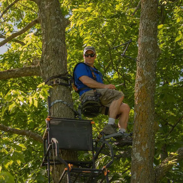 Alt view image 5 of 7 - The Stronghold 1.5 Deer Hunting Ladderstand, 21 Foot 1 Person Climbing Tree Stand with Lumbar Seat and Expanded D-Force Metal Platform