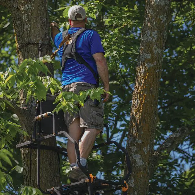 Alt view image 6 of 7 - The Stronghold 1.5 Deer Hunting Ladderstand, 21 Foot 1 Person Climbing Tree Stand with Lumbar Seat and Expanded D-Force Metal Platform