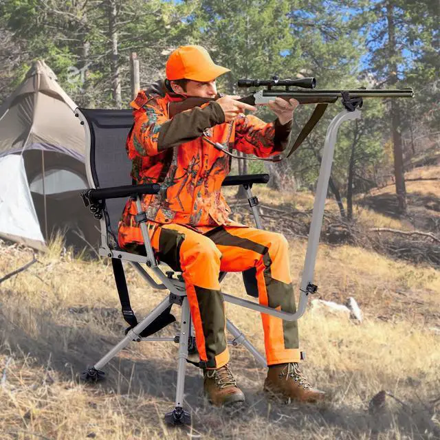 Alt view image 2 of 7 - Hunting Chair with Shooting Rest, 360° Swivel Hunting Seat with 4 Extendable Aluminum Legs, Adjustable Gun Rest, Portable Hunting Blind Chairs with Carrying Strap for Outdoor Activities