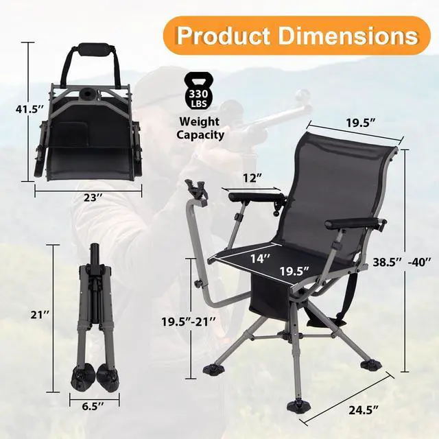 Alt view image 5 of 7 - Hunting Chair with Shooting Rest, 360° Swivel Hunting Seat with 4 Extendable Aluminum Legs, Adjustable Gun Rest, Portable Hunting Blind Chairs with Carrying Strap for Outdoor Activities