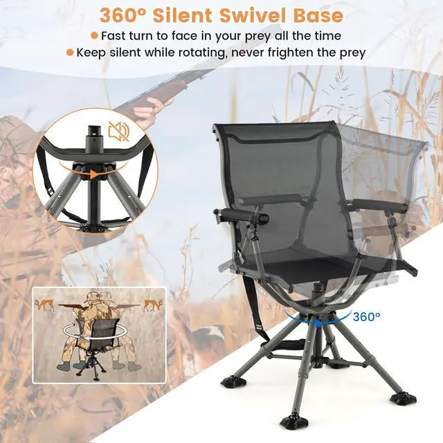 Alt view image 4 of 7 - Hunting Chair, 360 Degree Swivel Folding Hunting Seat with Carrying Handle & Duck Feet, Height Adjustable, 400 LBS Silent Hunting Blind Chair for Outdoor Fishing