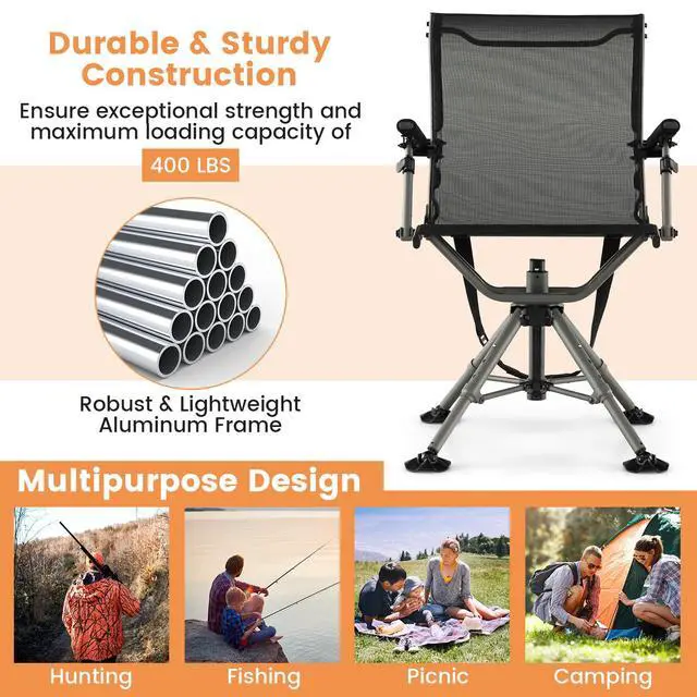 Alt view image 6 of 7 - Hunting Chair, 360 Degree Swivel Folding Hunting Seat with Carrying Handle & Duck Feet, Height Adjustable, 400 LBS Silent Hunting Blind Chair for Outdoor Fishing
