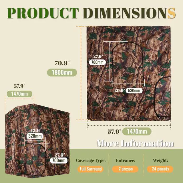 Alt view image 3 of 7 - Hunting Blind Cover Deer Hunting Blind Camouflage Enclosure | Universal 2 Entrances Hunting Equipment 360 Degree Full Surround Coverage Quad Blind Cover Steel + Cloth (Stand Not Included)