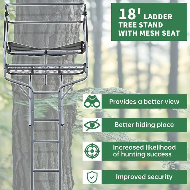 Alt view image 2 of 7 - 2 Person Ladder Stand, 18 Foot Deer Hunting Ladder Climbing Tree | Stand, Steel Tree Step with with Mesh Seat and Flip-up Shooting Rail, 500LBS
