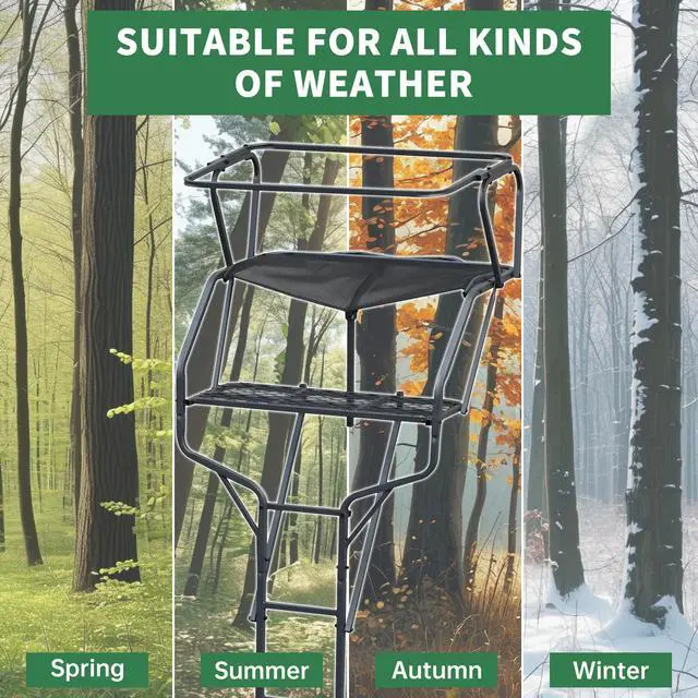 Alt view image 4 of 7 - 2 Person Ladder Stand, 18 Foot Deer Hunting Ladder Climbing Tree | Stand, Steel Tree Step with with Mesh Seat and Flip-up Shooting Rail, 500LBS