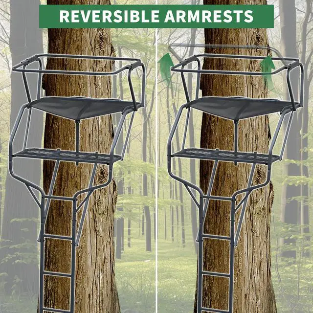 Alt view image 5 of 7 - 2 Person Ladder Stand, 18 Foot Deer Hunting Ladder Climbing Tree | Stand, Steel Tree Step with with Mesh Seat and Flip-up Shooting Rail, 500LBS