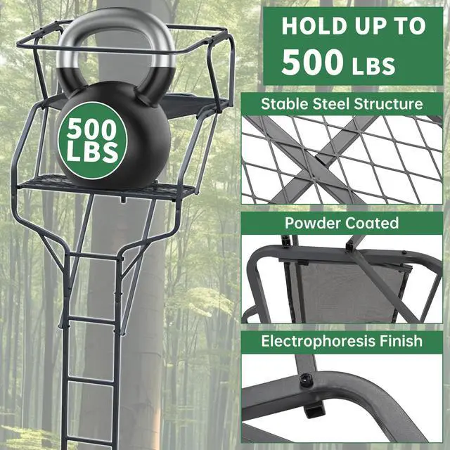 Alt view image 3 of 7 - 2 Person Ladder Stand, 18 Foot Deer Hunting Ladder Climbing Tree | Stand, Steel Tree Step with with Mesh Seat and Flip-up Shooting Rail, 500LBS