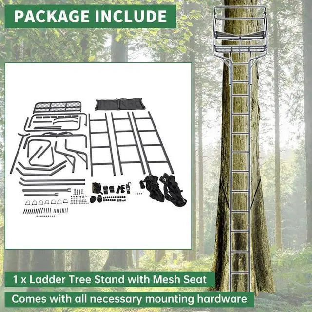 Alt view image 7 of 7 - 2 Person Ladder Stand, 18 Foot Deer Hunting Ladder Climbing Tree | Stand, Steel Tree Step with with Mesh Seat and Flip-up Shooting Rail, 500LBS