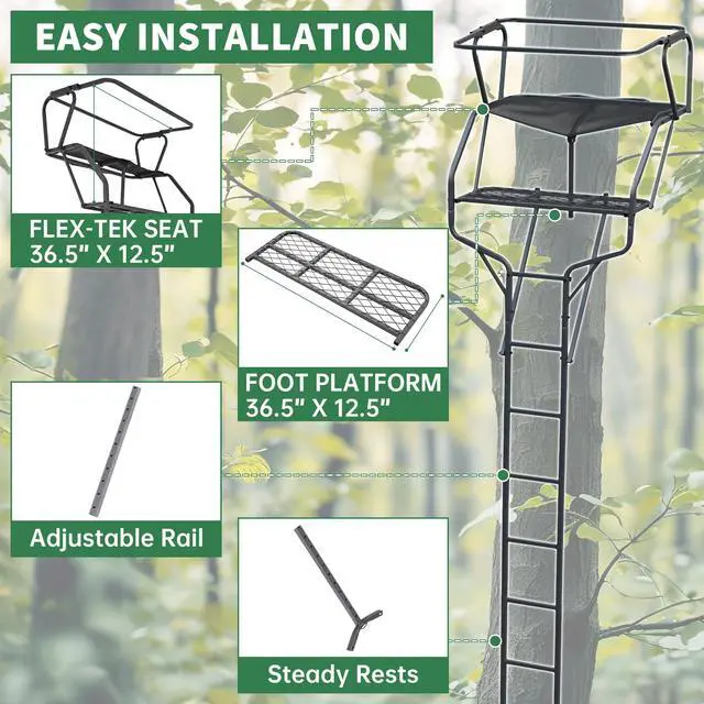 Alt view image 6 of 7 - 2 Person Ladder Stand, 18 Foot Deer Hunting Ladder Climbing Tree | Stand, Steel Tree Step with with Mesh Seat and Flip-up Shooting Rail, 500LBS