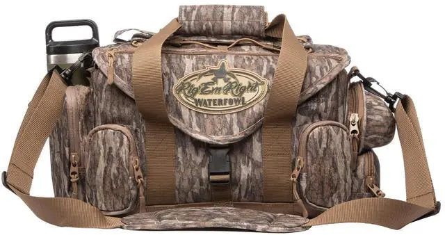 Main image of Rig'Em Right Waterfowl Standard Shell Shocker Duck Hunting Blind Bag with Sunglasses Case, Drink Holder, Ammo Compartment and More (Mossy Oak Bottom Lands Camo)