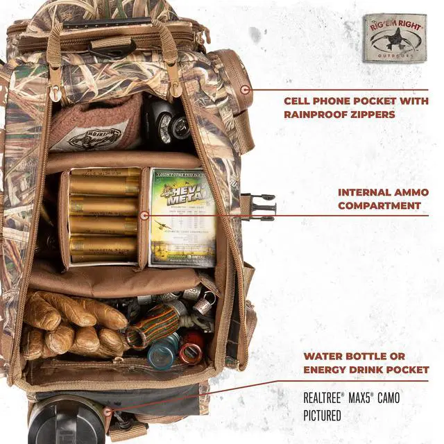 Alt view image 3 of 7 - Rig'Em Right Waterfowl Standard Shell Shocker Duck Hunting Blind Bag with Sunglasses Case, Drink Holder, Ammo Compartment and More (Mossy Oak Bottom Lands Camo)