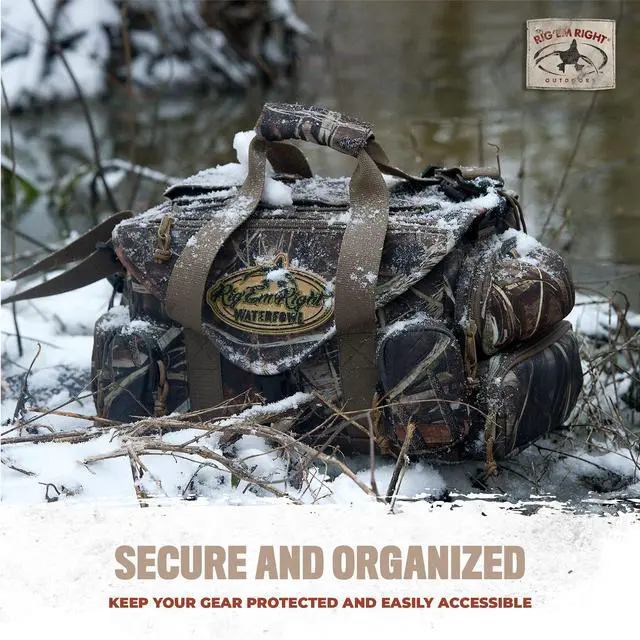Alt view image 6 of 7 - Rig'Em Right Waterfowl Standard Shell Shocker Duck Hunting Blind Bag with Sunglasses Case, Drink Holder, Ammo Compartment and More (Mossy Oak Bottom Lands Camo)