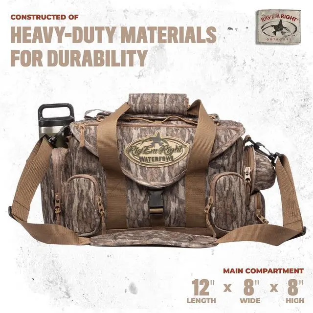 Alt view image 2 of 7 - Rig'Em Right Waterfowl Standard Shell Shocker Duck Hunting Blind Bag with Sunglasses Case, Drink Holder, Ammo Compartment and More (Mossy Oak Bottom Lands Camo)