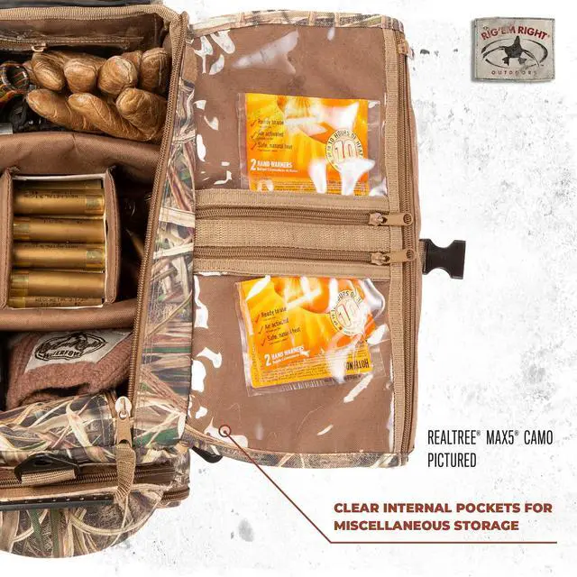 Alt view image 4 of 7 - Rig'Em Right Waterfowl Standard Shell Shocker Duck Hunting Blind Bag with Sunglasses Case, Drink Holder, Ammo Compartment and More (Mossy Oak Bottom Lands Camo)