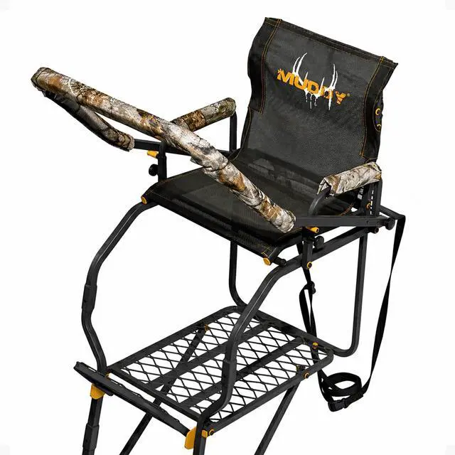 Main image of 1-Person Huntsman Deluxe Steel Ladder Tree Stand, 17 ft Tall, 300 lb Capacity - Heavy-Duty Hunting Treestand with Lumbar Support Seat, Flip-Back Adjustable Shooting Rail & Silencer Technology
