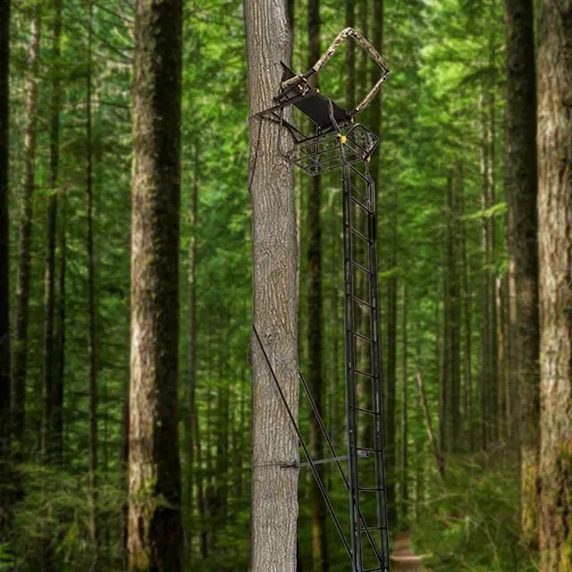 Alt view image 4 of 7 - 1-Person Huntsman Deluxe Steel Ladder Tree Stand, 17 ft Tall, 300 lb Capacity - Heavy-Duty Hunting Treestand with Lumbar Support Seat, Flip-Back Adjustable Shooting Rail & Silencer Technology