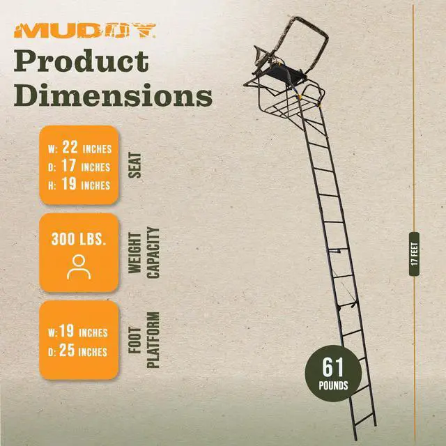 Alt view image 3 of 7 - 1-Person Huntsman Deluxe Steel Ladder Tree Stand, 17 ft Tall, 300 lb Capacity - Heavy-Duty Hunting Treestand with Lumbar Support Seat, Flip-Back Adjustable Shooting Rail & Silencer Technology