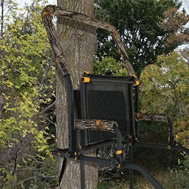 Alt view image 6 of 7 - 1-Person Huntsman Deluxe Steel Ladder Tree Stand, 17 ft Tall, 300 lb Capacity - Heavy-Duty Hunting Treestand with Lumbar Support Seat, Flip-Back Adjustable Shooting Rail & Silencer Technology