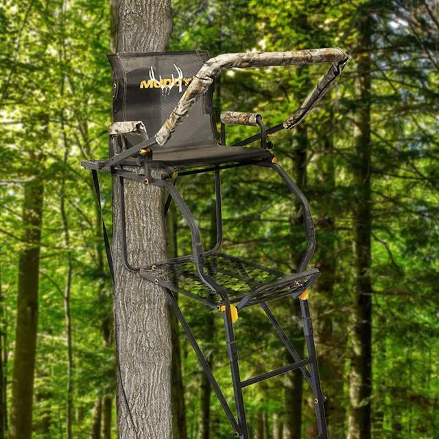 Alt view image 5 of 7 - 1-Person Huntsman Deluxe Steel Ladder Tree Stand, 17 ft Tall, 300 lb Capacity - Heavy-Duty Hunting Treestand with Lumbar Support Seat, Flip-Back Adjustable Shooting Rail & Silencer Technology