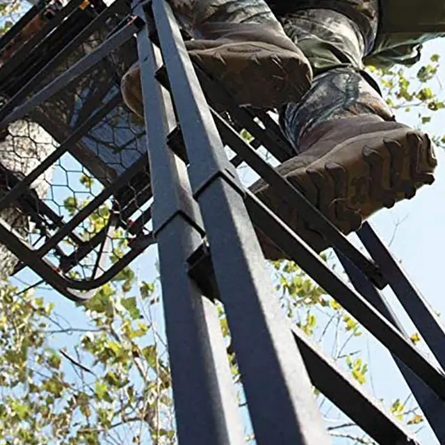 Alt view image 7 of 7 - 1-Person Huntsman Deluxe Steel Ladder Tree Stand, 17 ft Tall, 300 lb Capacity - Heavy-Duty Hunting Treestand with Lumbar Support Seat, Flip-Back Adjustable Shooting Rail & Silencer Technology