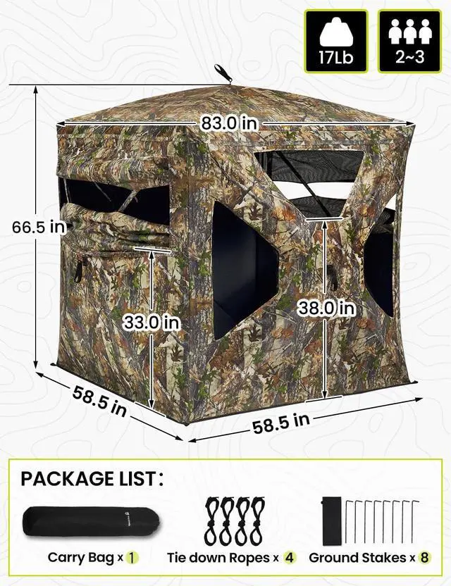 Alt view image 6 of 7 - Hunting Blind 270°Full See Through with Windproof Curtain, Silent Magnetic Door & Sliding Windows, Pop Up Ground Blind with Carrying Bag, 300D Portable Tent