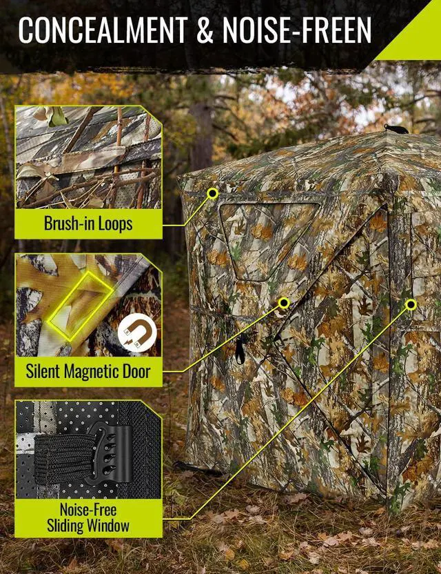 Alt view image 4 of 7 - Hunting Blind 270°Full See Through with Windproof Curtain, Silent Magnetic Door & Sliding Windows, Pop Up Ground Blind with Carrying Bag, 300D Portable Tent