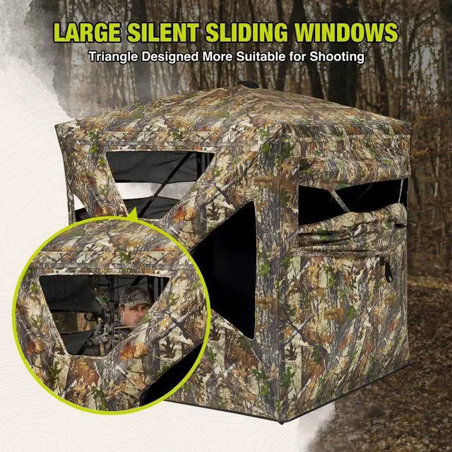 Alt view image 3 of 7 - Hunting Blind 270°Full See Through with Windproof Curtain, Silent Magnetic Door & Sliding Windows, Pop Up Ground Blind with Carrying Bag, 300D Portable Tent