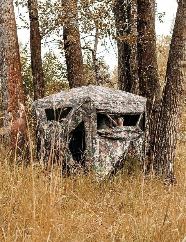 Alt view image 7 of 7 - Hunting Blind 270°Full See Through with Windproof Curtain, Silent Magnetic Door & Sliding Windows, Pop Up Ground Blind with Carrying Bag, 300D Portable Tent