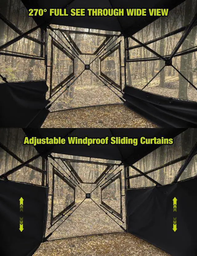 Alt view image 2 of 7 - Hunting Blind 270°Full See Through with Windproof Curtain, Silent Magnetic Door & Sliding Windows, Pop Up Ground Blind with Carrying Bag, 300D Portable Tent