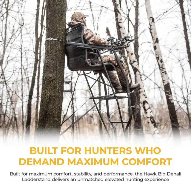 Alt view image 2 of 7 - Hunting Big Denali Ladderstand with Wide Seat, Backrest, Portable Stacking Ladder System and Integrated Weapon Holder, Multicolor