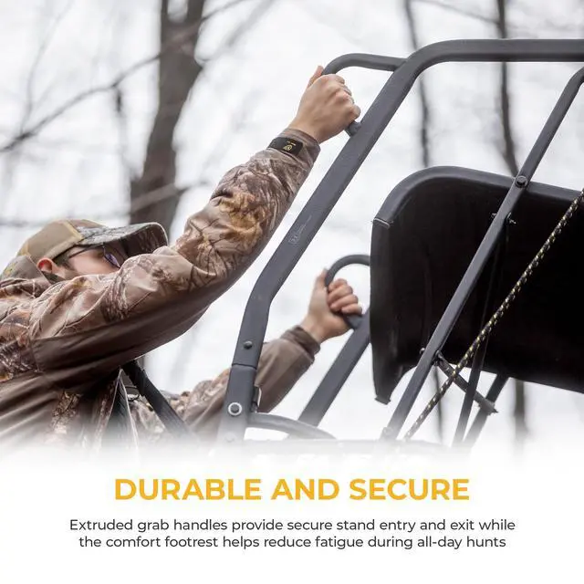 Alt view image 4 of 7 - Hunting Big Denali Ladderstand with Wide Seat, Backrest, Portable Stacking Ladder System and Integrated Weapon Holder, Multicolor
