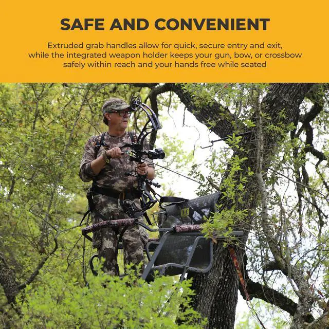 Alt view image 5 of 7 - Hunting Big Denali Ladderstand with Wide Seat, Backrest, Portable Stacking Ladder System and Integrated Weapon Holder, Multicolor