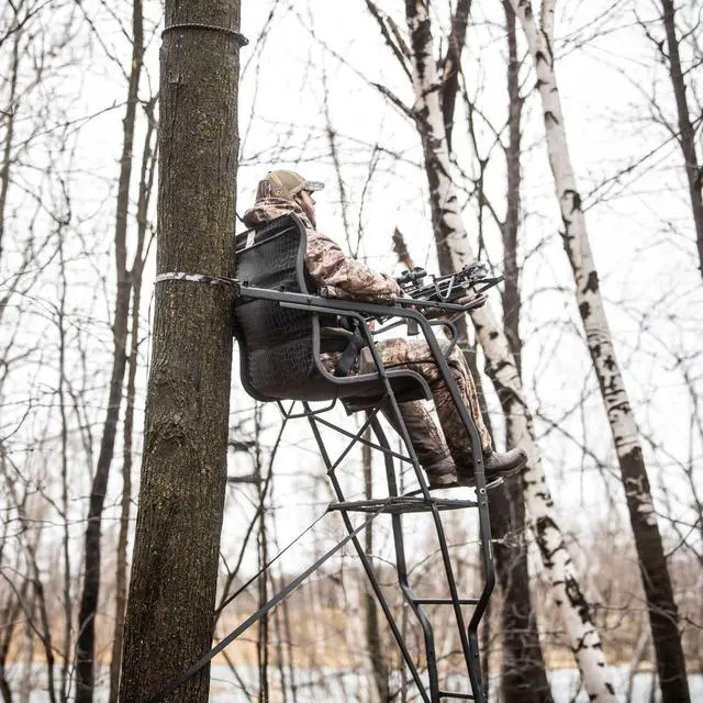 Alt view image 7 of 7 - Hunting Big Denali Ladderstand with Wide Seat, Backrest, Portable Stacking Ladder System and Integrated Weapon Holder, Multicolor