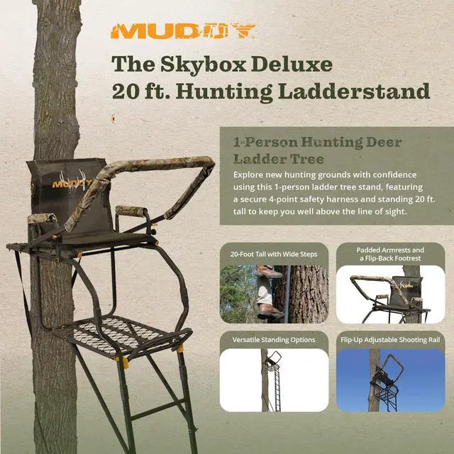 Alt view image 2 of 7 - MLS1550 Skybox Deluxe 20' Tall Single Steel Ladder Tree Stand with Adjustable Padded Shooting Rail for Big Game & Hunting