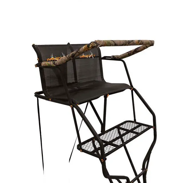 Alt view image 4 of 7 - Double Droptine Deer Hunting Ladderstand, 2 Person Climbing Tree Stand with Flex-Tek Seat and Padded Adjustable Shooting Rail
