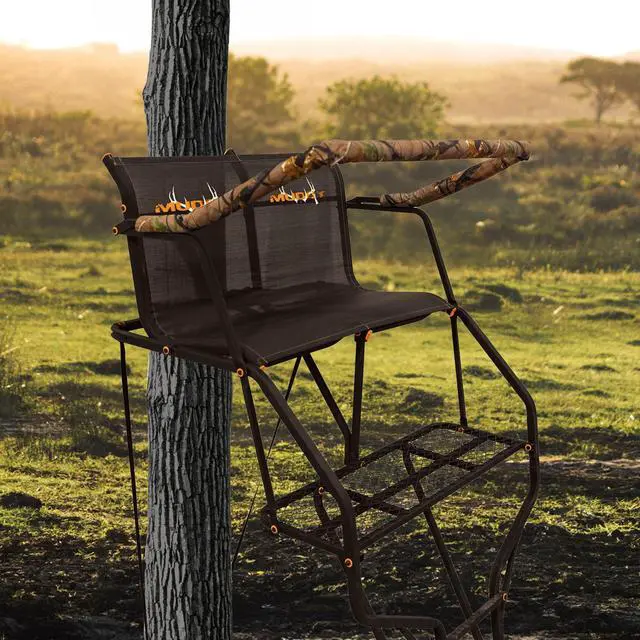 Alt view image 6 of 7 - Double Droptine Deer Hunting Ladderstand, 2 Person Climbing Tree Stand with Flex-Tek Seat and Padded Adjustable Shooting Rail