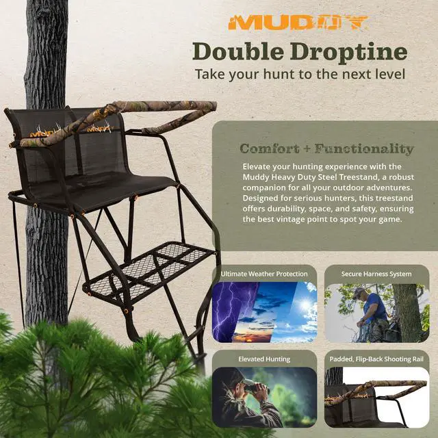 Alt view image 7 of 7 - Double Droptine Deer Hunting Ladderstand, 2 Person Climbing Tree Stand with Flex-Tek Seat and Padded Adjustable Shooting Rail