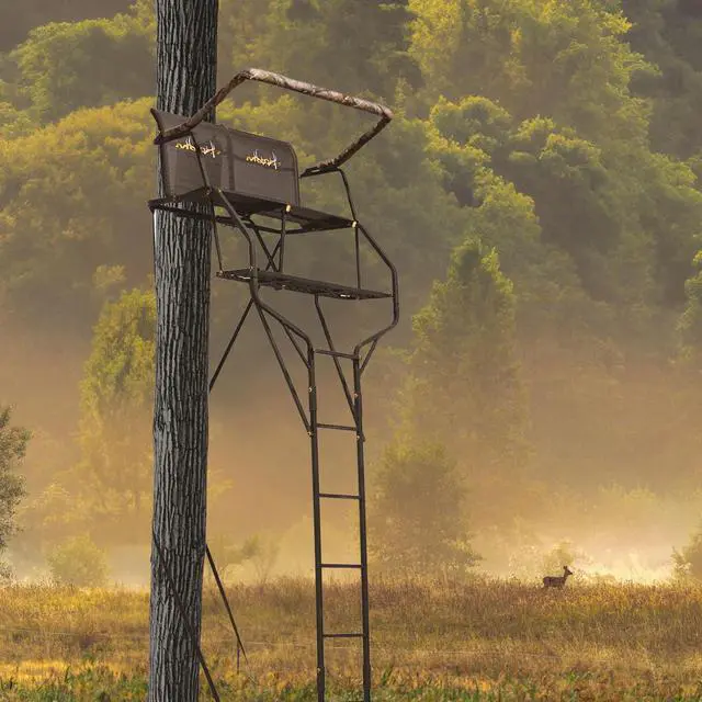 Alt view image 5 of 7 - Double Droptine Deer Hunting Ladderstand, 2 Person Climbing Tree Stand with Flex-Tek Seat and Padded Adjustable Shooting Rail