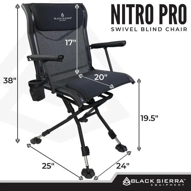 Alt view image 2 of 7 - Black Sierra XL Swivel Hunting Chair 360 Silent Blind Seat Heavy Duty Support 300 lbs w/Padded Armrests, All Terrain Feet Cupholder and Carry Strap, Portable Outdoor Seat for Turkey and Deer Hunting