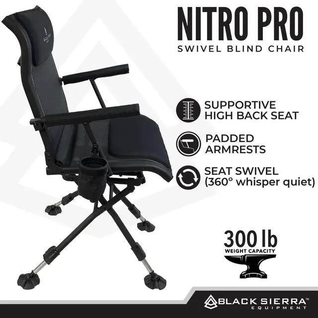 Alt view image 6 of 7 - Black Sierra XL Swivel Hunting Chair 360 Silent Blind Seat Heavy Duty Support 300 lbs w/Padded Armrests, All Terrain Feet Cupholder and Carry Strap, Portable Outdoor Seat for Turkey and Deer Hunting
